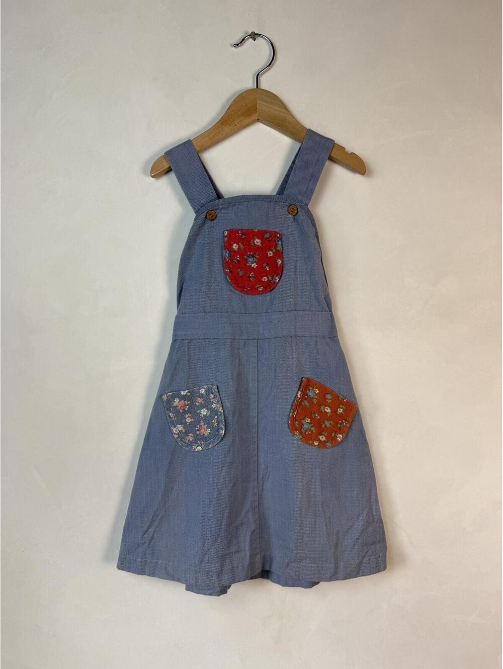 Vintage kids flannel denim patch pocket overall dress.